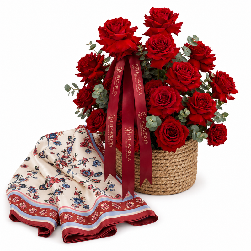 Mango Ecru Floral Print Scarf with Flowrista Red Roses Basket