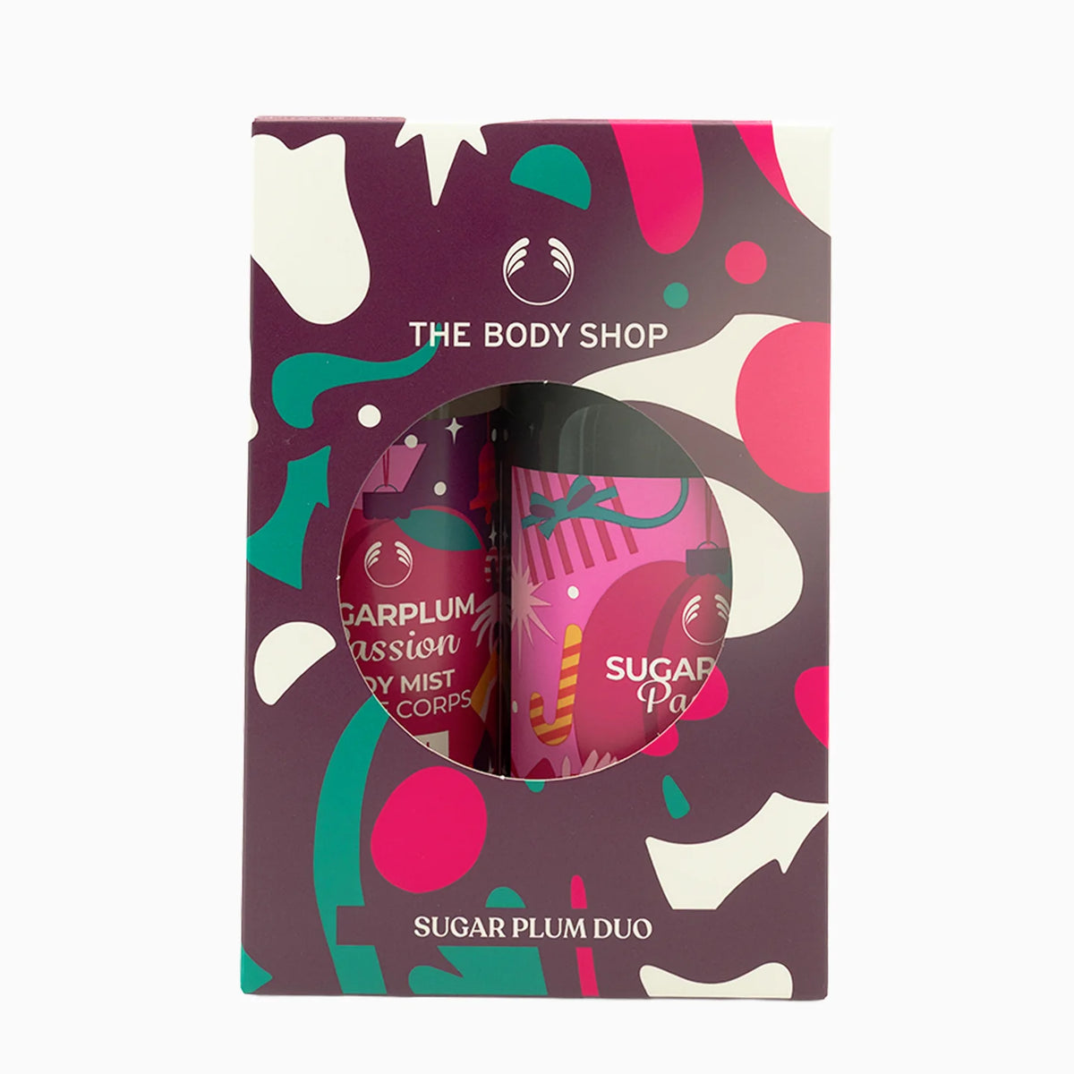 The Body Shop Sugar Plum Duo gift set containing a body mist and a lip balm, presented in a decorative box with a purple, pink, and teal abstract pattern.