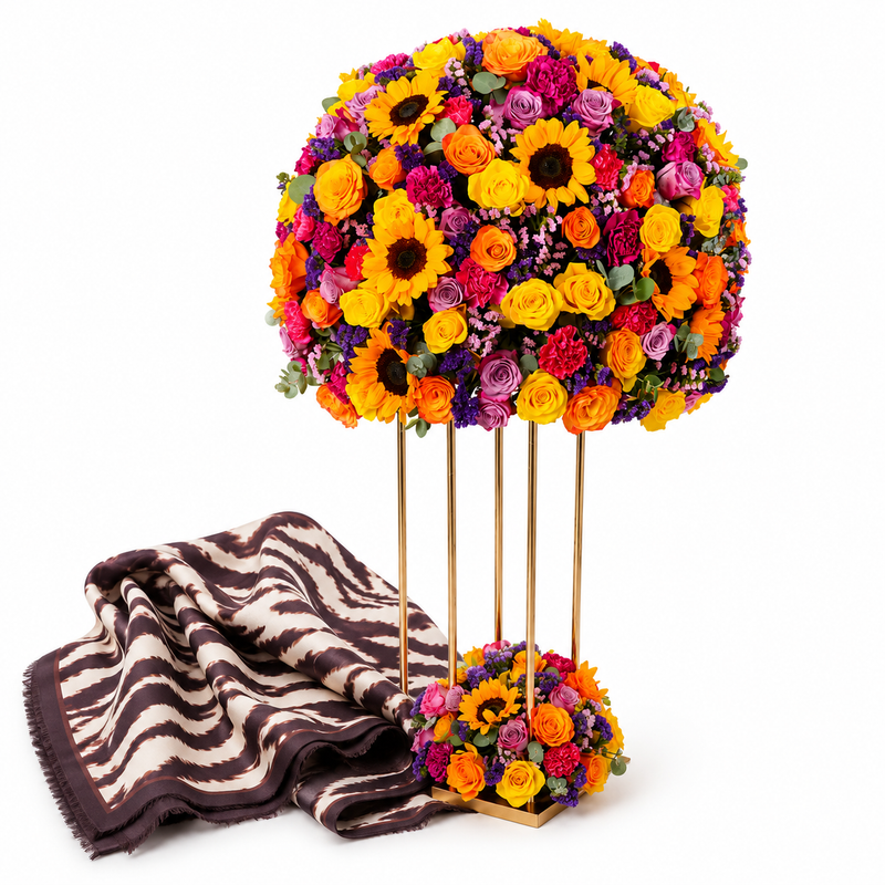 Mango Chocolate Zebra Animal Print Scarf with Flowrista Vibrant Sunflower & Mixed Roses Tower