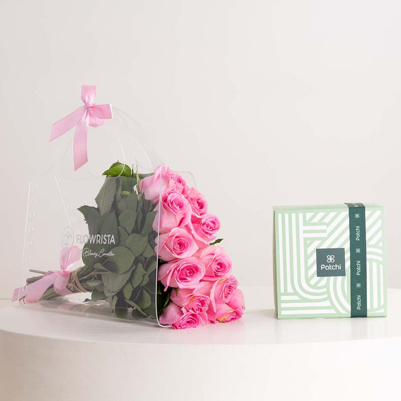 12 Pink Roses Bag and Patchi 1kg