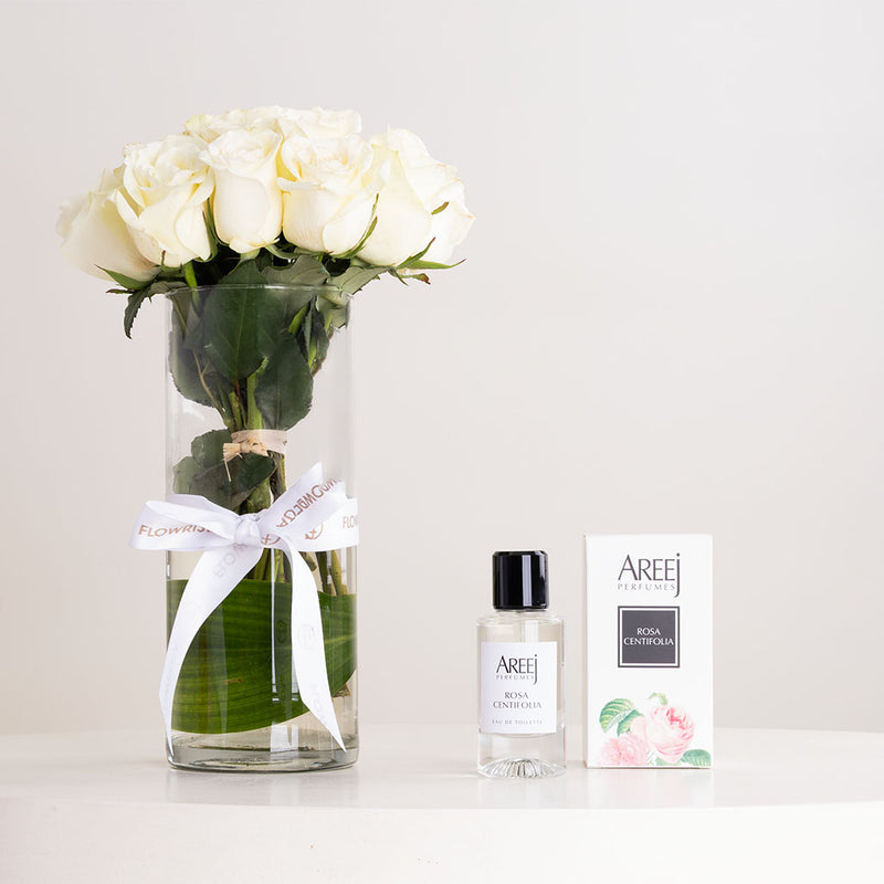 Areej Rose Centifolia Perfume 50ml & White Roses Vase