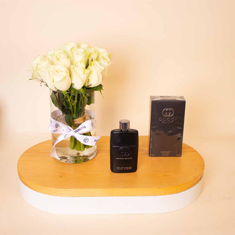 Gucci Guilty For Him Eau de Parfum 150ml & White Roses Vase
