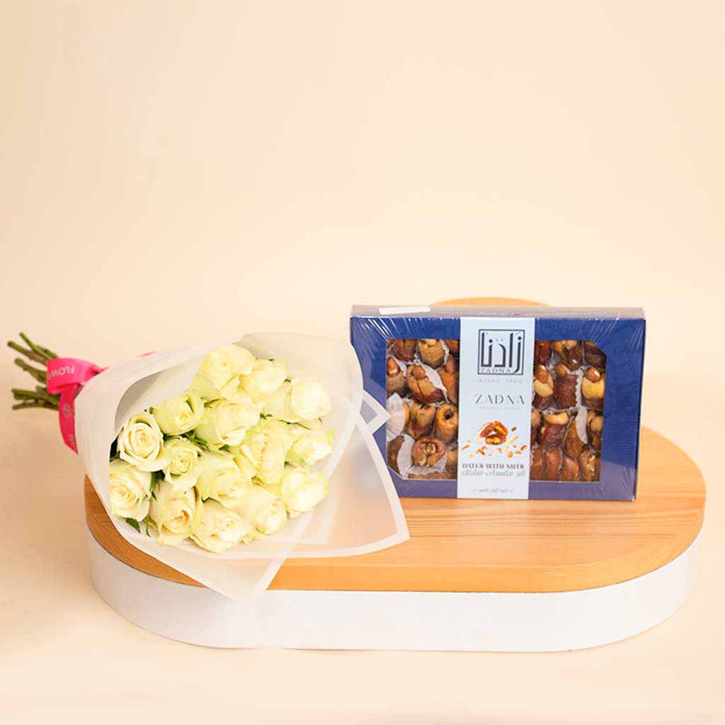 Zadna dates mixed nuts and 15 white roses