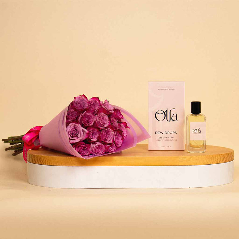 Olfa Dew Drops With Bouquet of 15 Purple Flowers