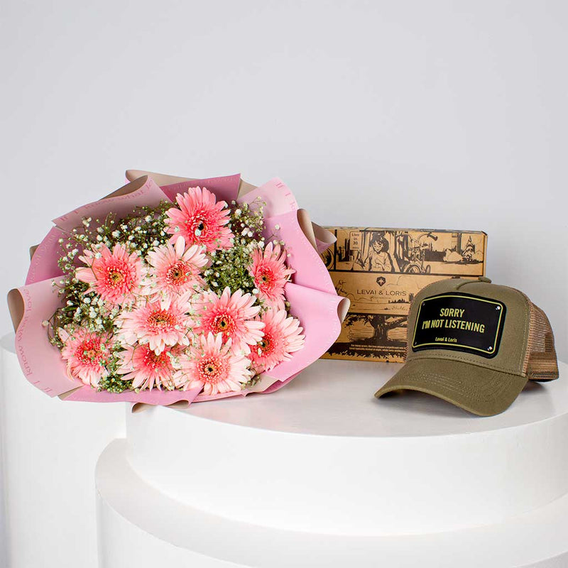 Levai & Loris Sorry I’m Not Listening Cap & 10 Gerberas Bouquet