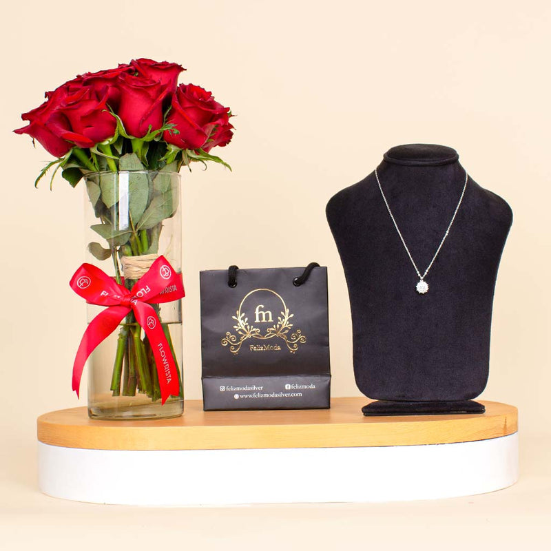 FelizModa Shiny Stones Round Pendant Silver Necklace | Red Flower Vase