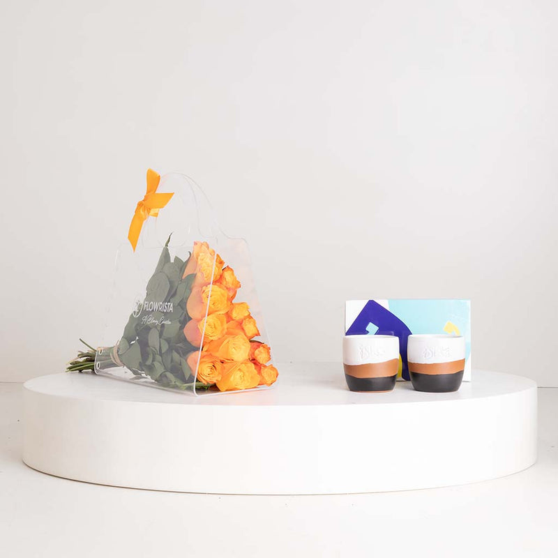 Tip of The Day Happiness Espresso Cup Set & Orange Roses Bag