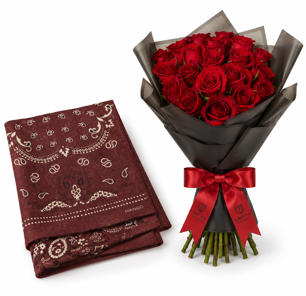 Mango Paisley Print Scarf with Flowrista Red Roses Bouquet