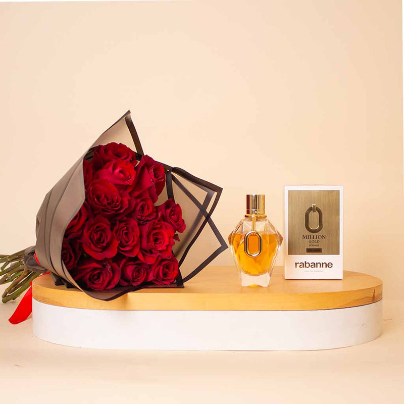 Paco Rabanne Million Gold Eau De Parfum For Women 90ml & Roses Bouquet