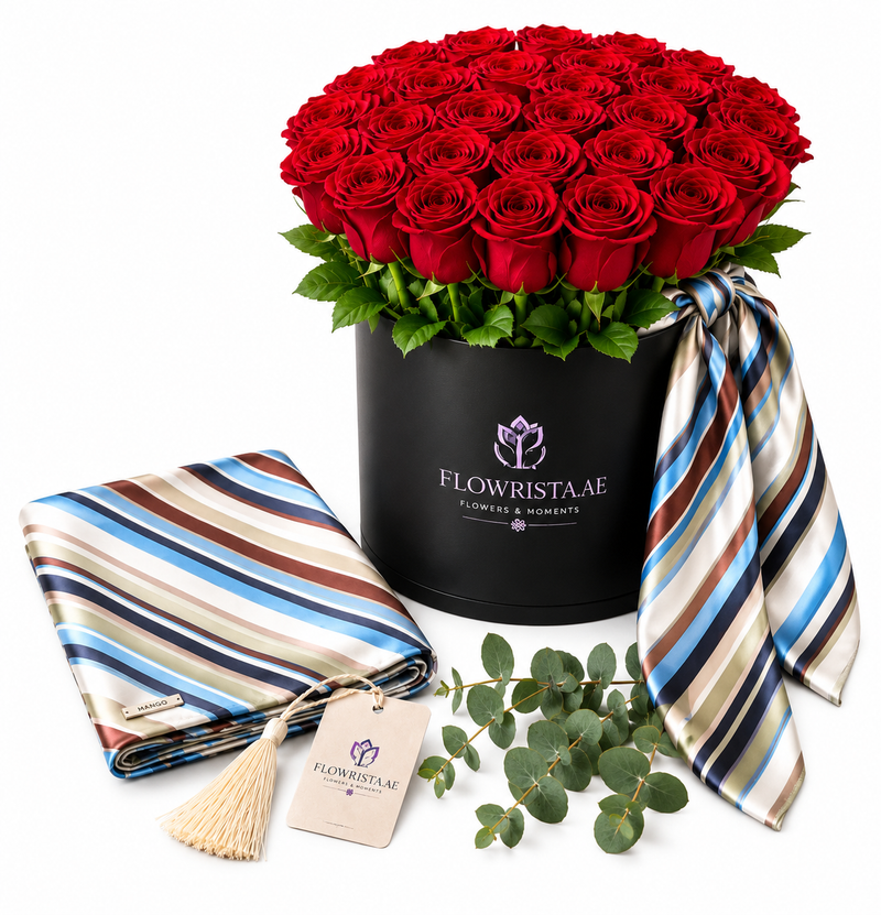 Mango Striped Printed Scarf with Flowrista Grand Red Roses Black Box