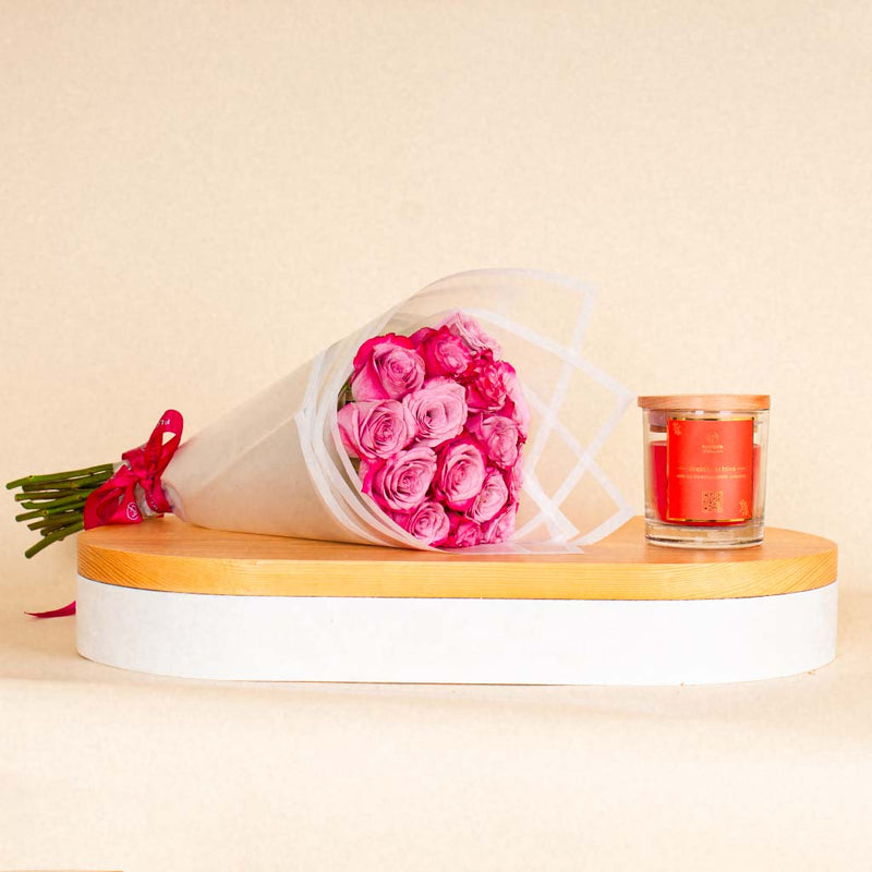 Red Jar Candle | Light Purple Flower Bouquet of 15