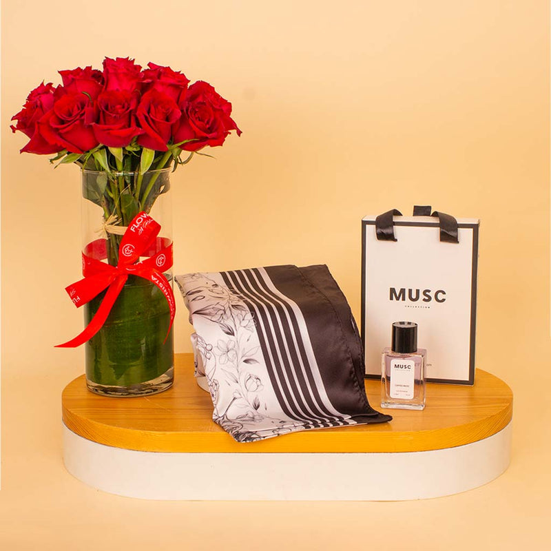 Coffee Musk & Hams Scarf Roses Bundle — MUSC 30ml & Velour Hams Scarf & Red Roses