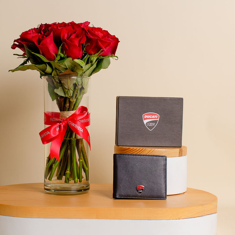 Ducati Corse Wallets & Red Rose Vase - 15 Roses