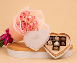 Godiva White Heart Box 9pcs & Pink Roses Bouquet