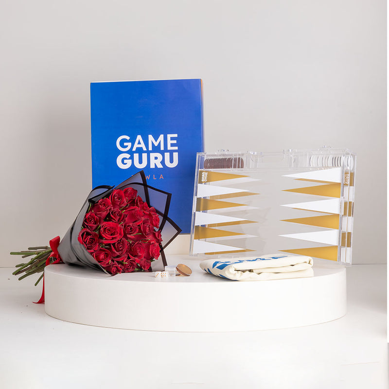 Game Guru White & Gold Acrylic Tawla Set & Red Roses Bouquet