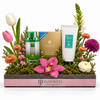 A floral gift basket arrangement by Flowrista featuring a green and white facial mask care set, a gold box, and a white tube, styled with tulips, chrysanthemums, and an orchid in a pink and gray tray on a white background.