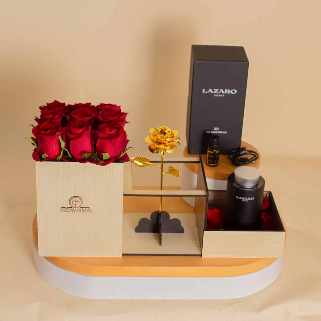 Lazaro Z1 Car Scent Diffuser Black and 9 roses and Golden Flower