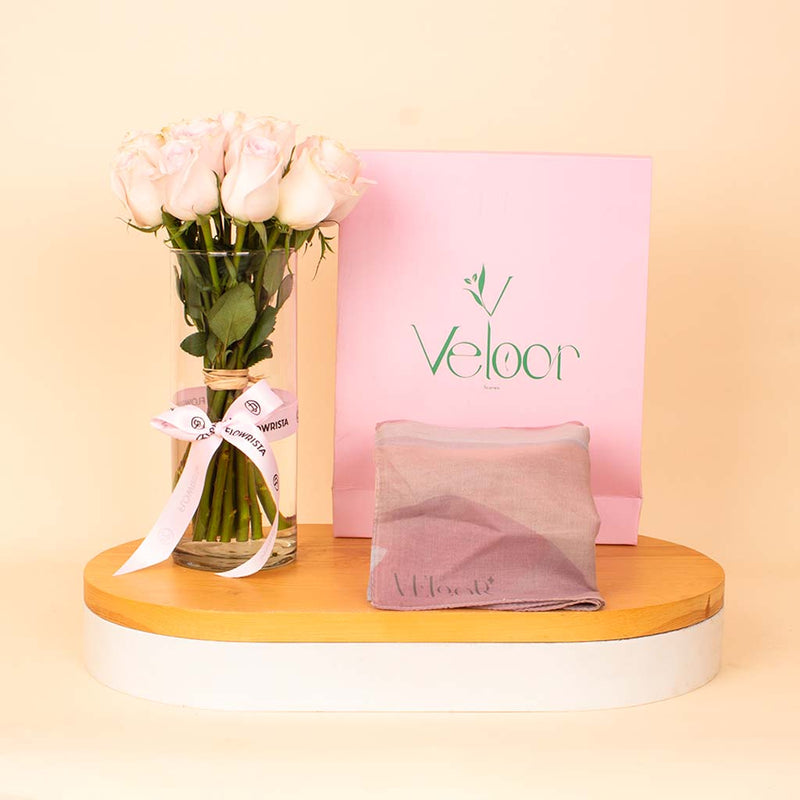 Veloor Jade Scarf & Pink Roses Vase