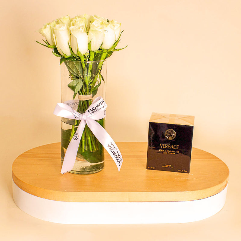 Versace Crystal Noir with White Roses Vase 15 Roses