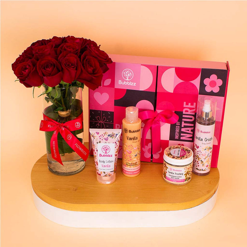 Bubblzz Vanilla Body Care Collection & Red Roses Vase