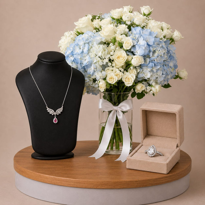 Silvara Angel Wing Necklace & Pear-Cut Halo Ring with Blue Hydrangea & White Rose Vase