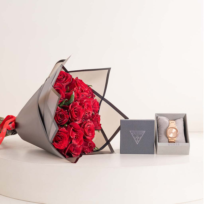 GUESS Ladies Gold Tone Analog Watch & Red Roses Bouquet