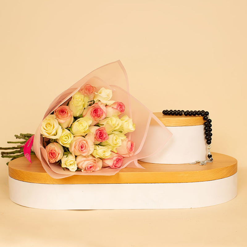 Black Onyx Misbaha | Mixed White and Pink Flower Bouquet with 20 Roses