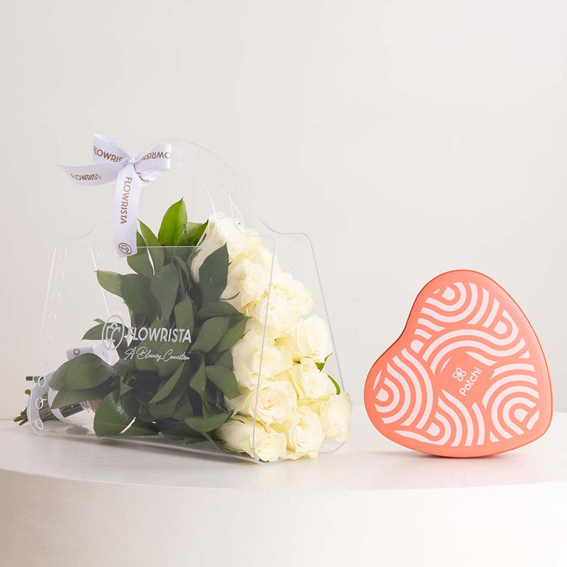 12 White Roses Bag with Patchi Tin Box of 22 Pieces