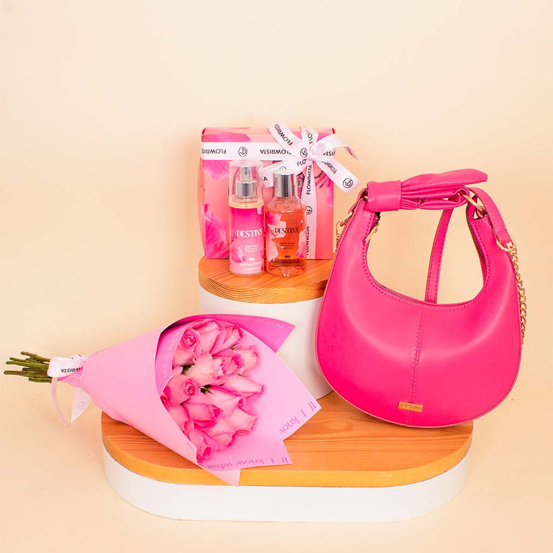 Alamki Bella Fuchsia Bag & Destiny Set with Pink Roses Bouquet