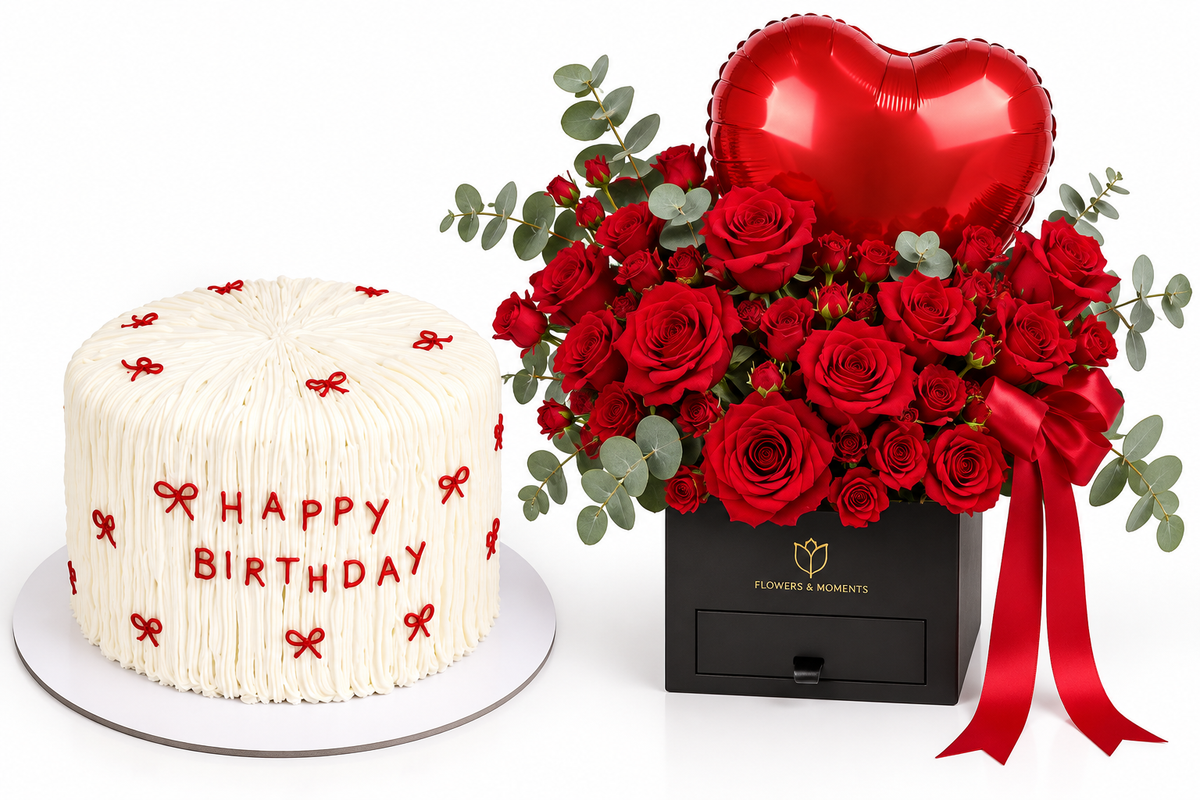 Sugar Sweet Red Bow Birthday Cake & Rose Balloon Box