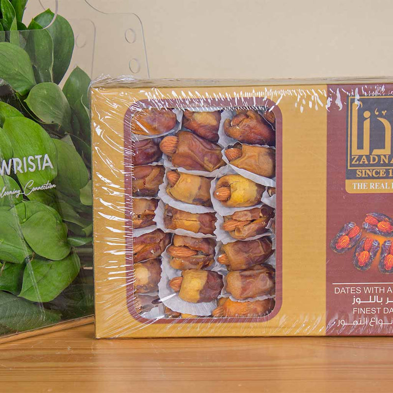 Zadna dates and a bag of white roses