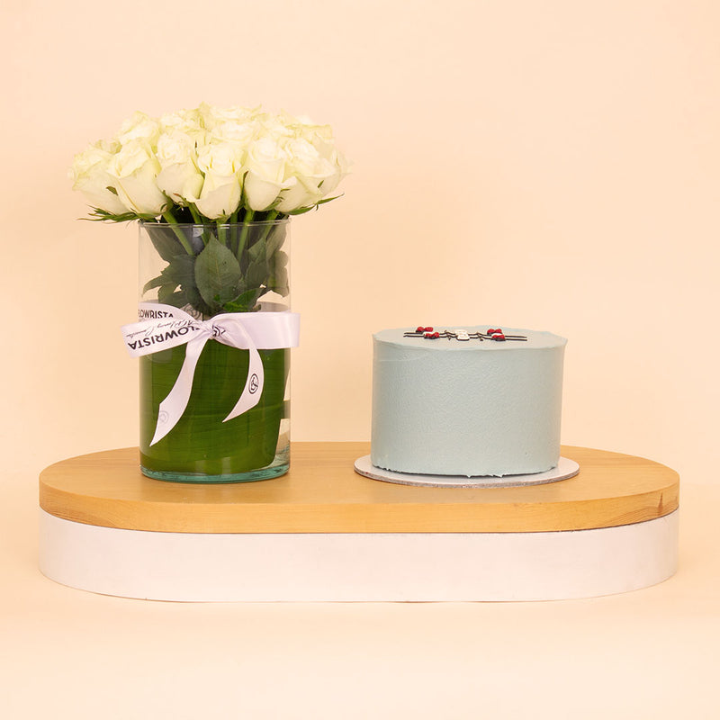Ninos Dad Tic-Tac-Toe Cake & 15 White Roses Vase