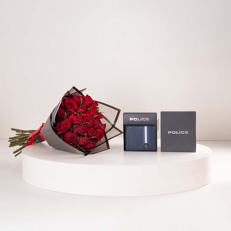 Police Wallet Iron Edge PELGW2203202 | Bouquet of 15 Red Roses