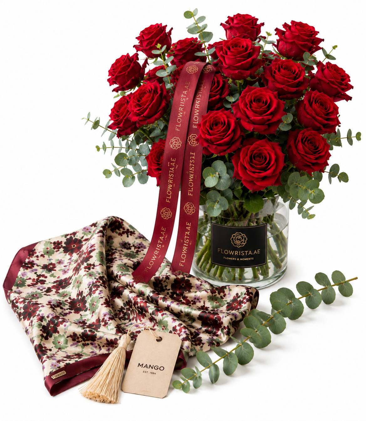 Mango Floral Print Scarf with Flowrista Red Roses Basket