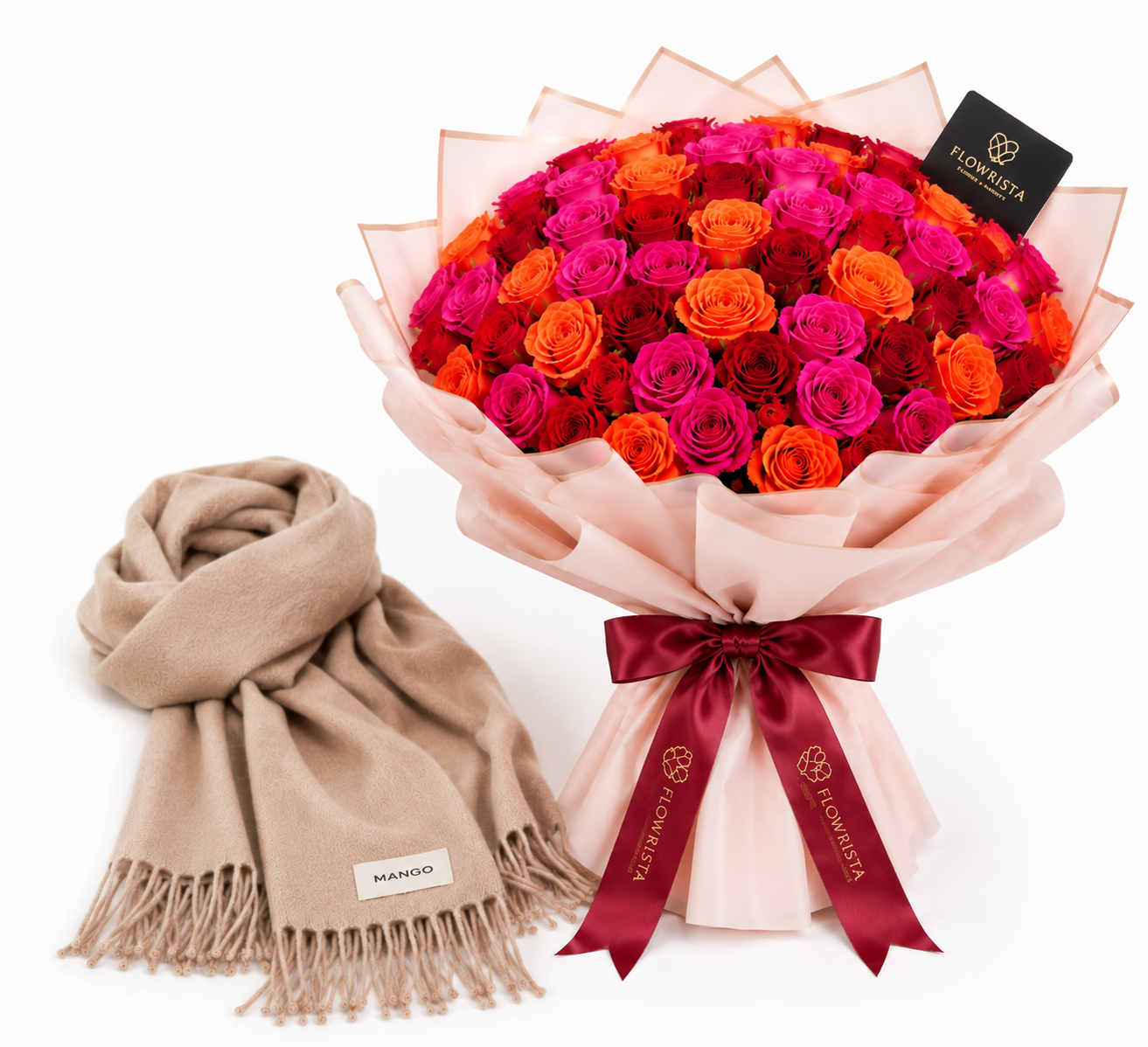 Mango 100% Cashmere Knit Scarf with Flowrista Vibrant Spray Roses Bouquet