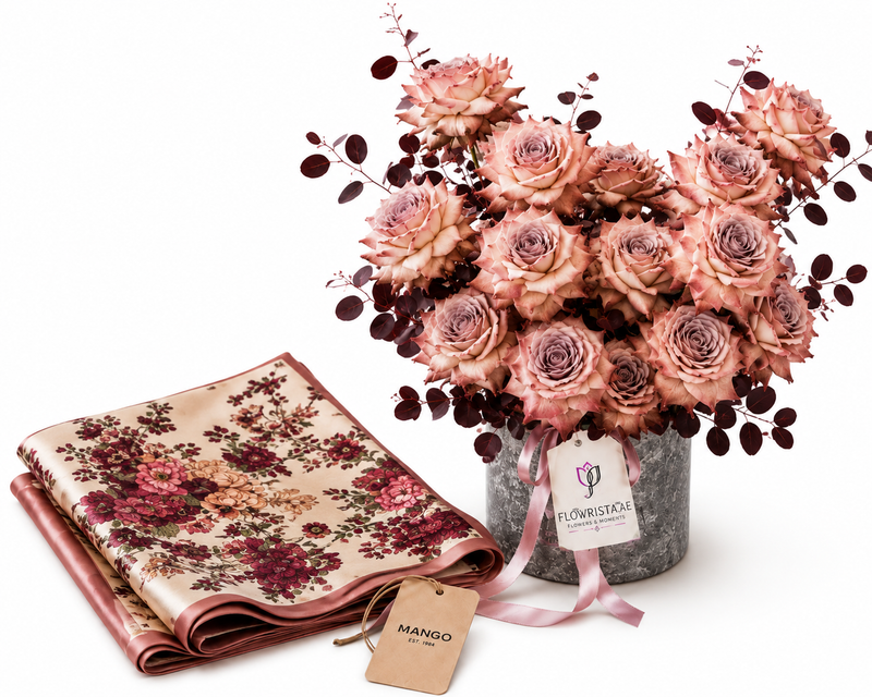 Mango Floral Print Scarf with Flowrista Dark Dusty Roses Box