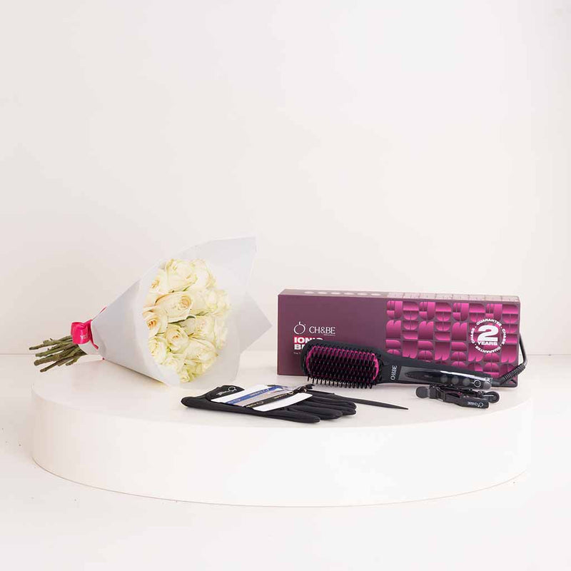 CH&BE Ionic Straightening Brush & White Roses Bouquet