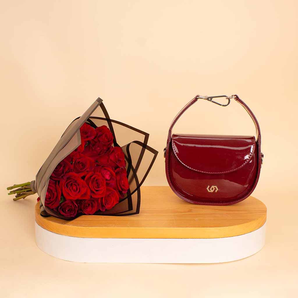 Cocan Half-Moon Bag Burgundy & 20 Red Roses Bouquet