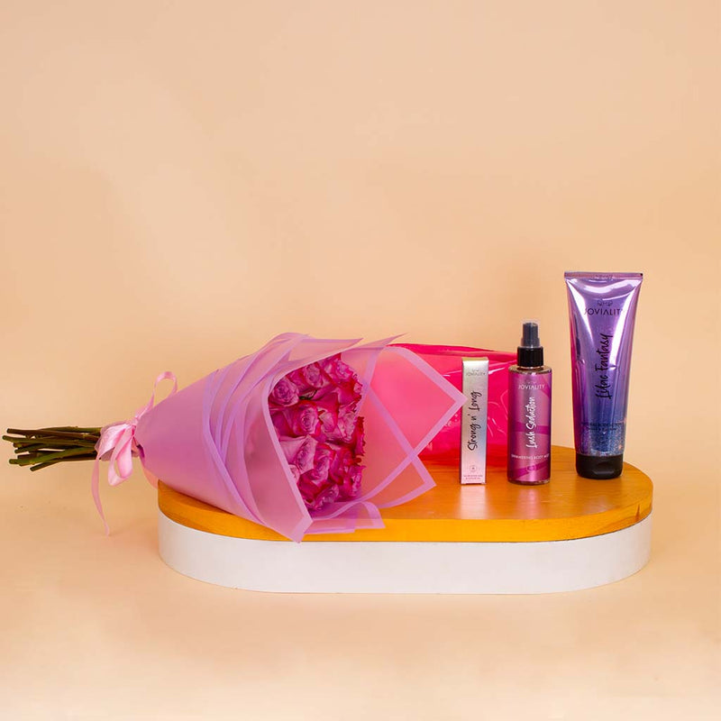 Joviality Pink Glow Set & Pink Roses Bouquet