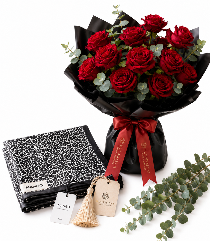 Mango Leopard Print Square Scarf with Flowrista Red Roses Black Bouquet