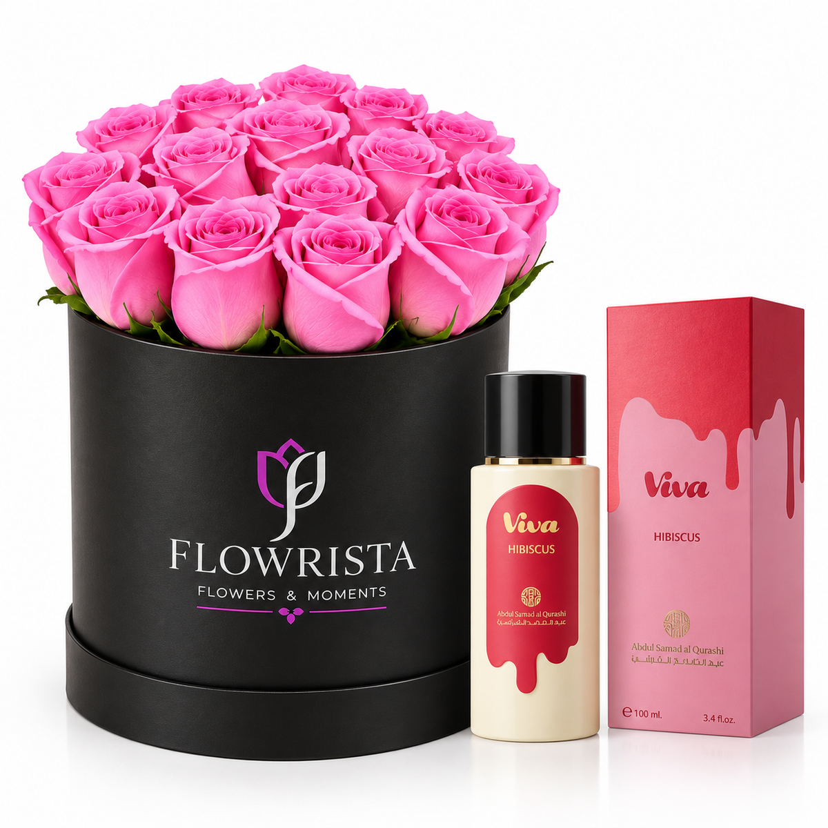 A gift set featuring a round black box of 15 vibrant pink roses by Flowrista, alongside a bottle of Viva Hibiscus body wash and its pink packaging box, all set against a clean white background.