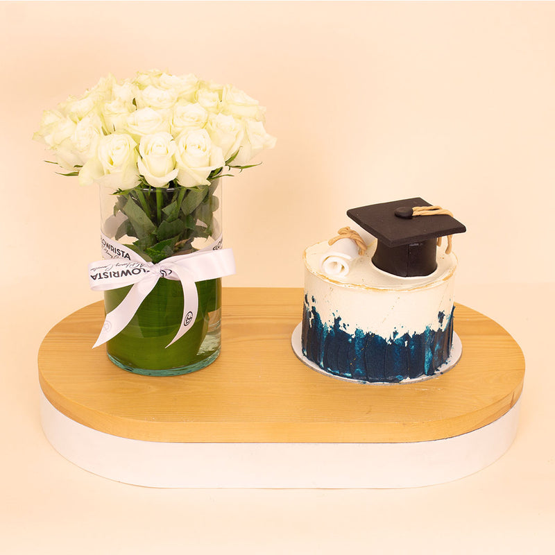 Ninos Graduation Celebration Cake & 15 White Roses Vase