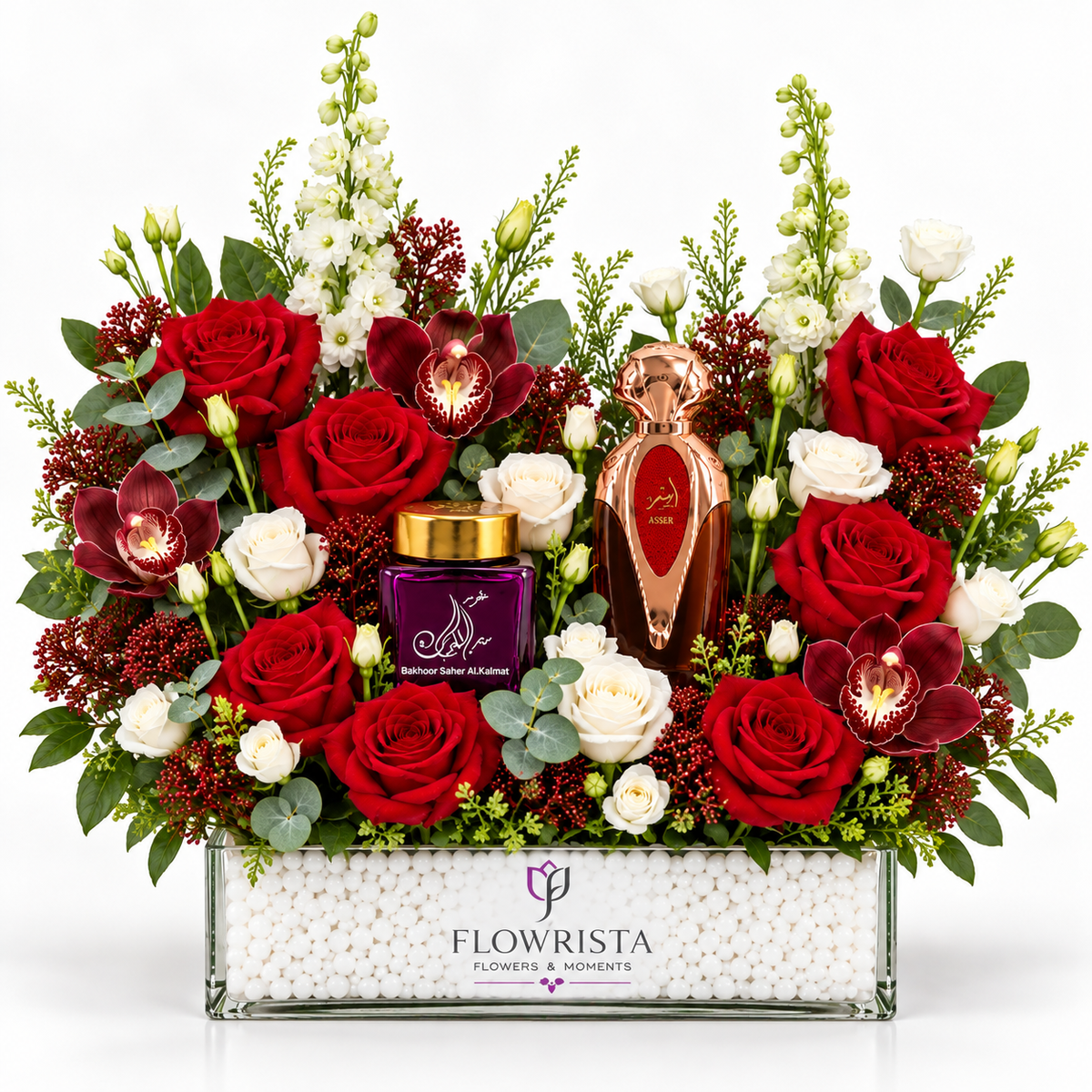 Asser Perfume & Bakhoor Saher Al Kalmat with Fresh Roses and Orchids