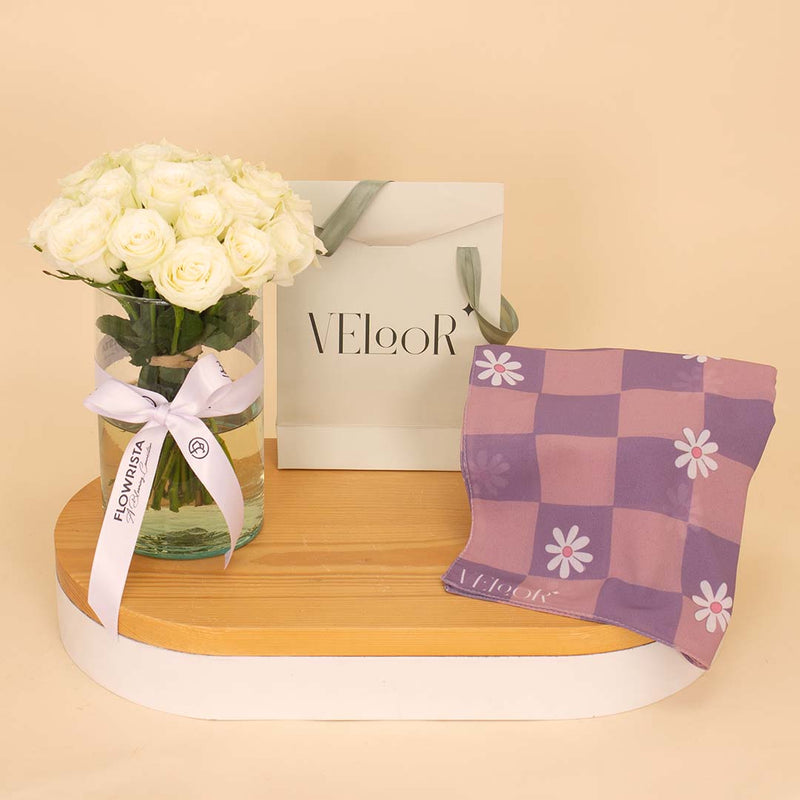 Verool Plum Scarf with 20 White Roses Vase