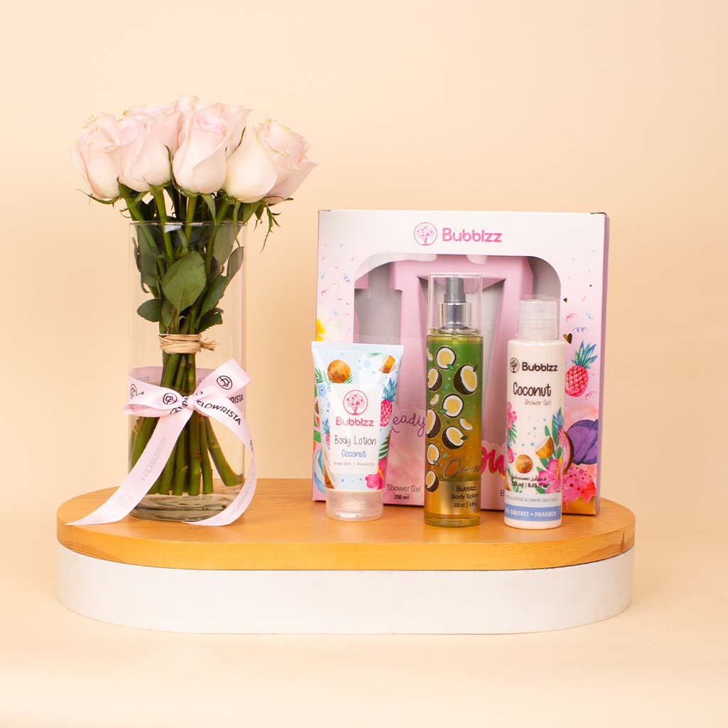 Bubblzz Glow Gift Set Coconut & Pink Roses Vase