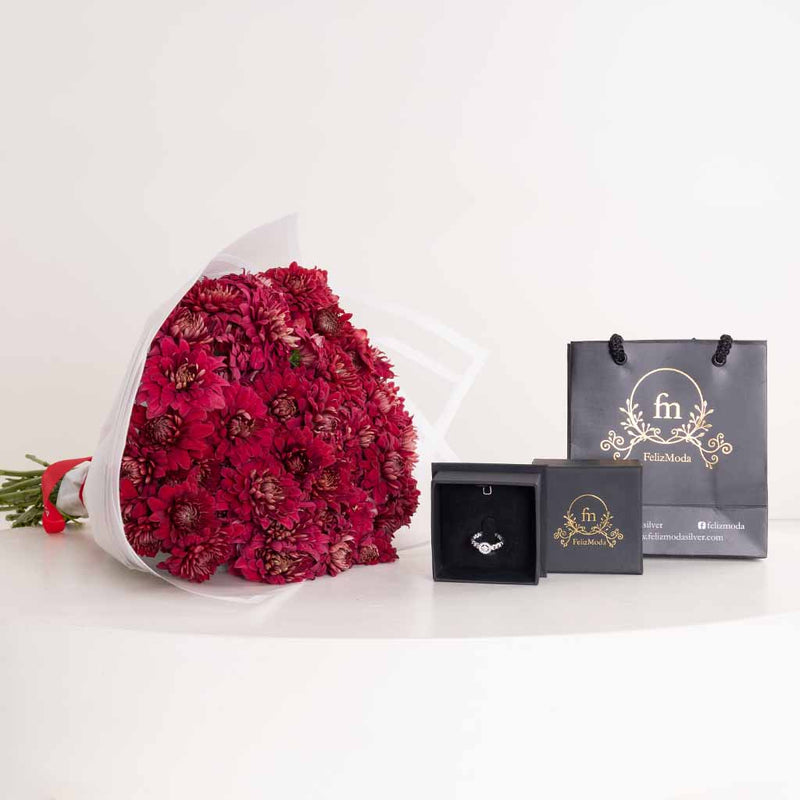 Felizmoda Braided Zircon Silver Ring & Red Chrysanthemum Bouquet