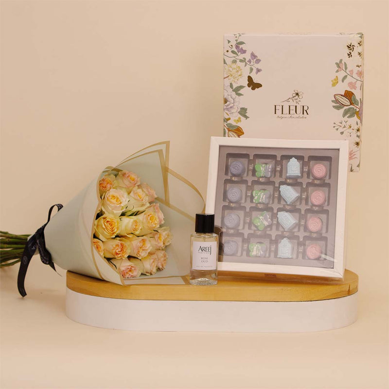 Areej & Fleur: Roses, Oud Fragrance & Belgian Chocolates Gift Set