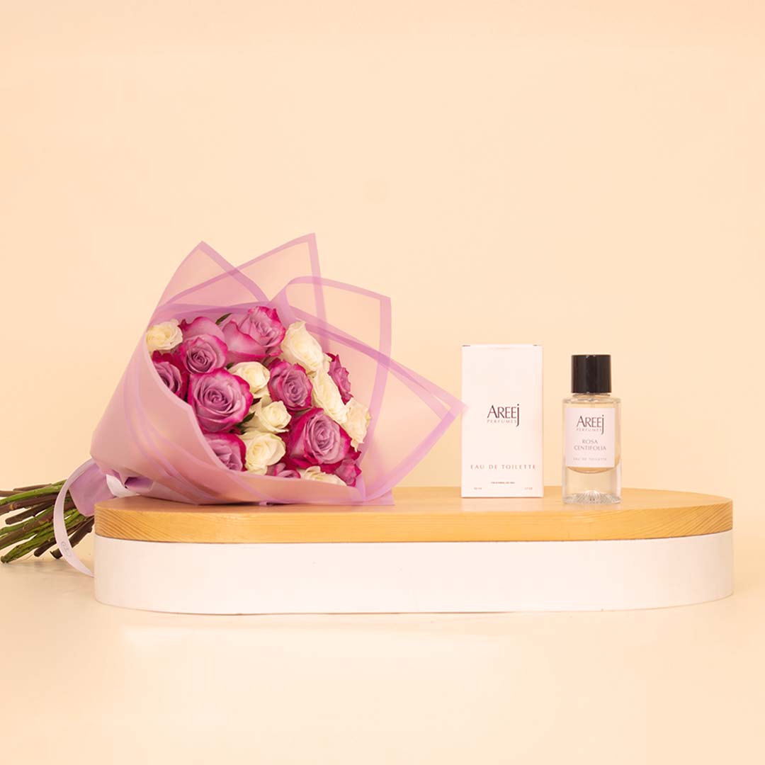 Areej Rose Centifolia with Hand Bouquet of 10 Purble and 10 White Roses