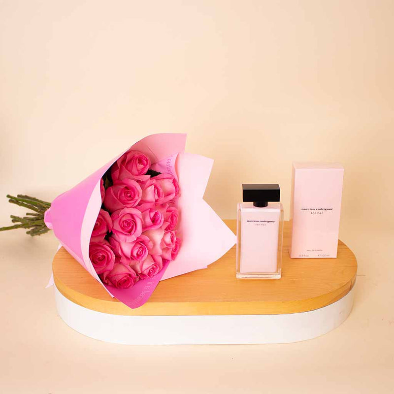 Narciso Rodriguez Musc Black Elegance Perfume & Pink Roses Hand Bouquet