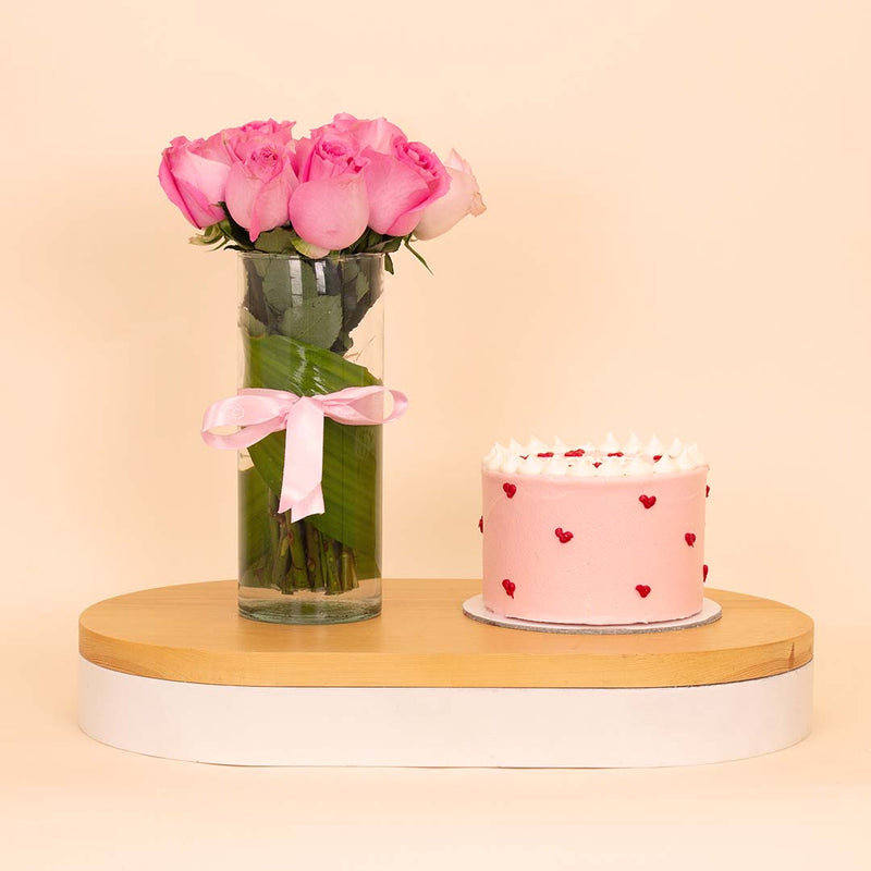 Ninos Heart-Dotted Birthday Cake & 15 Pink Roses Vase